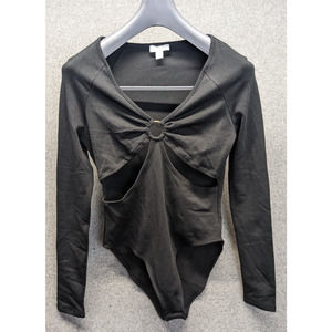 Topshop O-Ring Cutout Bodysuit Women's Sz 8-10 Black Long Sleeve V-Neck
